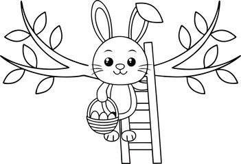 Outlined bunny climbing ladder with easter egg basket near branches cartoon
