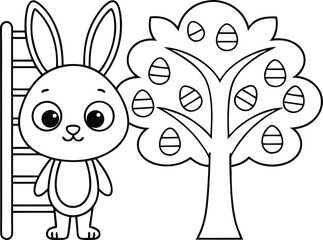 Easter Bunny, Eggs Tree, Ladder, Cute Outline on Transparent Background