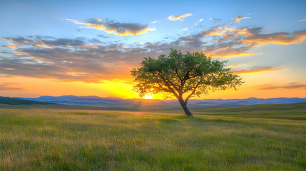 Fototapeta premium Single Tree Silhouette At Sunrise Over A Field