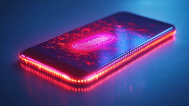 A close-up of a smartphone with a glowing fingerprint scanner and digital interface isolated on a pure white background, realistic lighting and shadow, ideal for cut-out and compositing