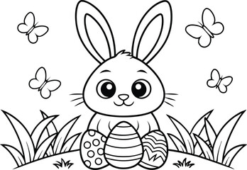 Cute Easter Bunny Sitting with Decorated Eggs, Butterflies, and Grass Outline