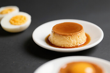 tasty home made egg flan with caramel with white background 