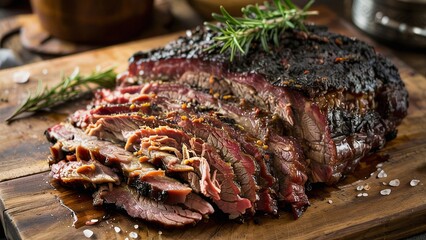 Extreme close-up of BBQ brisket, slow-smoked beef brisket, tender and flavorful.