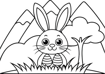 Bunny with Easter Eggs, Mountains, Tree and Grass Outlines in Black and White
