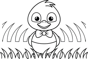 Cartoon Bird Outline With Bow Tie Standing on Grass with transparent background