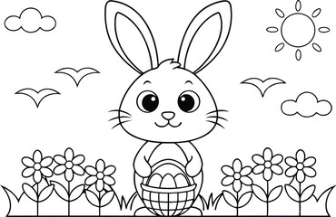 Easter Bunny Holding Egg Basket in Flower Garden Coloring Page