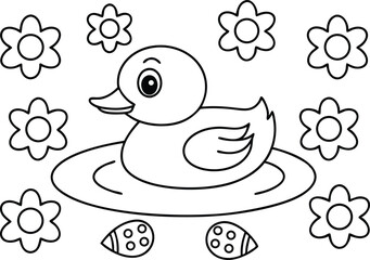 Naklejka premium Outline Duck Floating Water with Flowers Ladybugs Seamless Pattern White Background