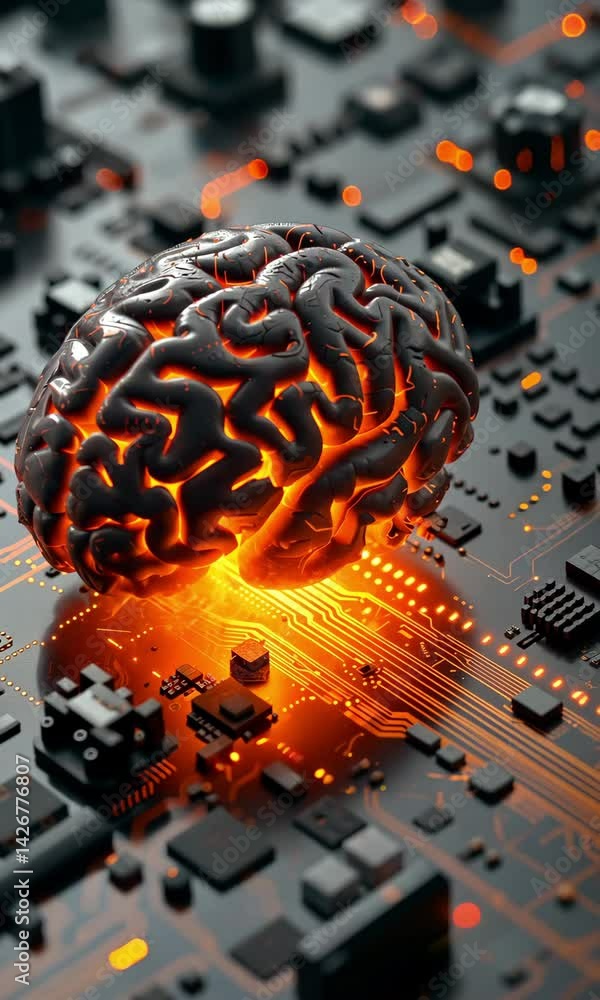 Aufkleber exploring the fusion of technology and intelligence with electrical circuitry and a brain illustrati