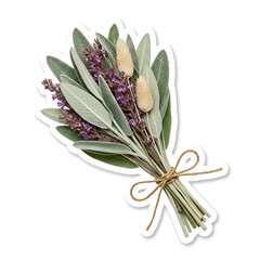 Herbal bouquet sticker with sage and lavender on white background