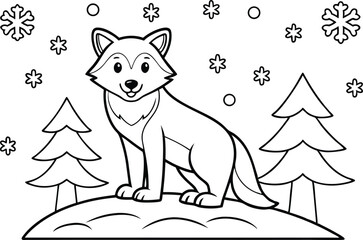 Line Art Arctic Fox Standing On A Hill with Christmas Trees and Snowflakes