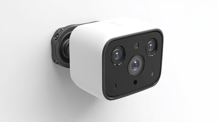 A smart security camera with AI motion detection features isolated on a pure white background, realistic lighting and shadow, ideal for cut-out and compositing