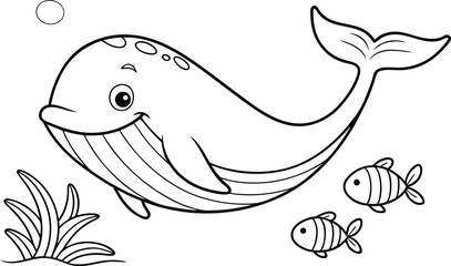 Cute Outline Whale Swimming Near Seaweed With Tiny Fish On White Background