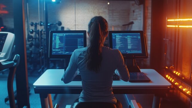 Woman Coding on Computers Inside Gym with Exercise Equipment Behind