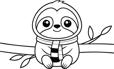 Cartoon Sloth on Branch with Scarf Outline Animal Character on White Background