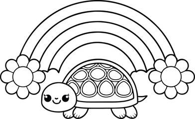 Cute Outlined Turtle Under Rainbow With Floral Decor On Transparent Background