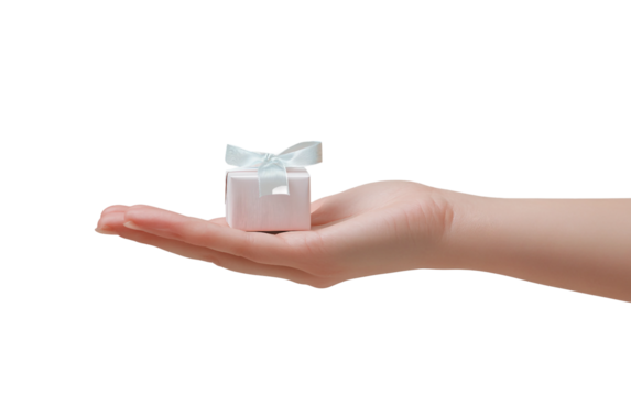 Soft and intimate view of a mother presenting a neatly tied gift box with heartfelt emotion isolated on white background PNG