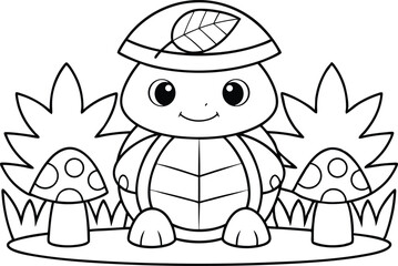 Smiling Cartoon Turtle in Hat with Leaf Surrounded by Mushrooms Outline Art