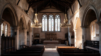 Fototapeta premium Historic Church Interior With Stained Glass And Chandeliers