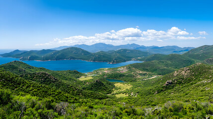 Obraz premium Panoramic View Of Lush Green Hills And Islands Surrounding Water Bay