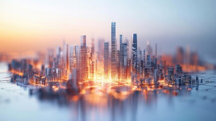 A 3D hologram of a cityscape with moving elements and data interfaces isolated on a pure white background, realistic lighting and shadow, ideal for cut-out and compositing