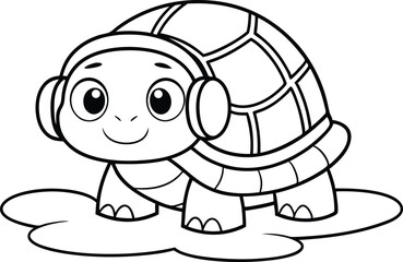 Cartoon turtle with headphones on cloud, outline, black and white drawing