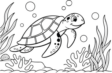 Cartoon Swimming Turtle Outline with Sea Plants and Bubbles on Transparent Background