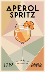 Cocktail retro poster. Aperol Spritz classic cocktail. Popular alcohol drink. Vintage flat vector illustration for bar, pub, restaurant, kitchen wall art print	
