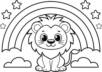 Outlined Cartoon Lion Sitting Under Rainbow and Stars with Clouds, Cute Animal