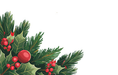 Christmas corner, frame with fir tree branch decorated with red ornaments and holly leaves and berries. Vector illustration isolated on white background