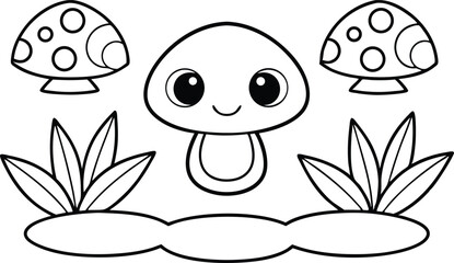 Cartoon Mushroom With Smile, Fungi With Spots and Plants Illustration, Line Art