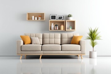 Fototapeta premium Modern Beige Sofa in Minimalist Living Room with Wooden Shelves and Plant