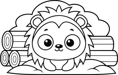 Cartoon Outline of Hedgehog Sitting near Logs on White Background
