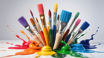 A colorful group of watercolor paintbrushes and art brushes, essential tools for artistic painting and drawing