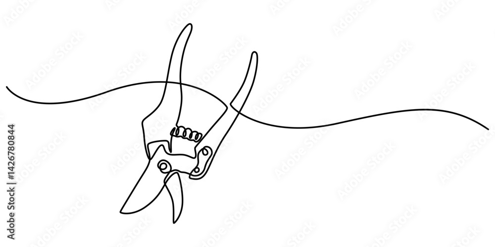 Poster continuous one line drawing of secateurs plant equipment. plant scissors in single line draw illustr
