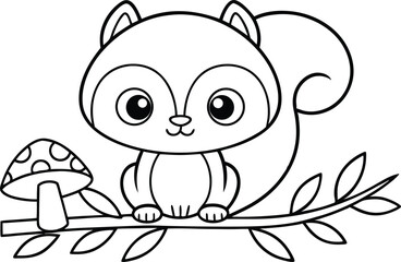 Cute Squirrel Sitting on Branch with Mushroom Line Art on Transparent Background