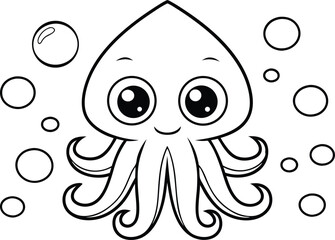 Squid Character with Big Eyes and Tentacles Surrounded by Bubbles on White