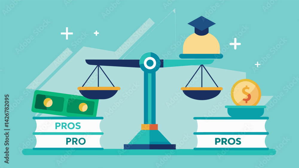 Poster a graphic representation of a scale with one side labeled pros and the other cons and a stack of mon