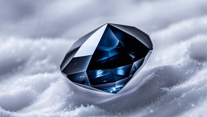 Elegant dark blue diamond resting on a bed of soft white fluff