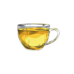 Glass cup of tea sketch icon, vector hand drawn transparent mug with natural drink, brewing herbal beverage tea ceremony