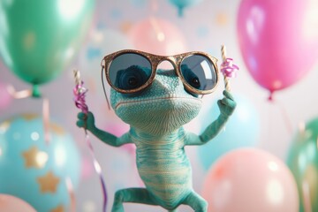 Playful Teal Gecko with Glitter Sunglasses at a Pastel Balloon Party