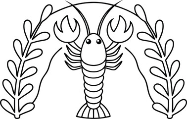 Lobster Surrounded by Leaves with a Transparent Background Black Line Art