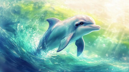 Naklejka premium A delightful print illustration of a cute and colorful baby dolphin, set against a serene ocean and nature background.