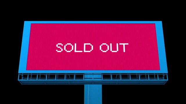 Close up Sold out text digital sign mock up, 3d looping animation, business digital sign idea design on black color background.