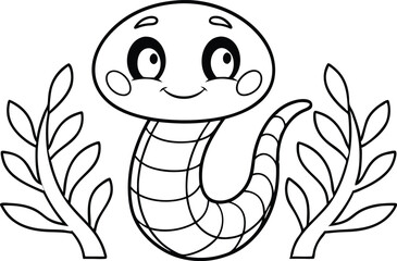Smiling Cartoon Snake with Vines Outlines, Friendly Reptile, Animal