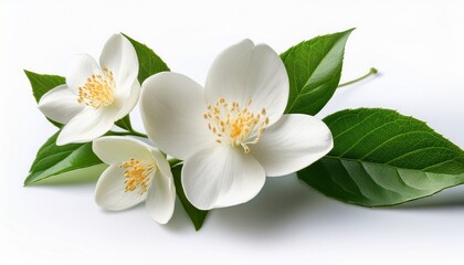 Obraz premium a delicate sprig of jasmine flowers with white petals and a pleasant fragrance isolated on a white background