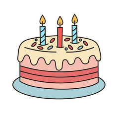 Three-layered birthday cake in minimalist flat style with playful colors and festive toppings. Great for digital planners, greeting cards, and celebration illustrations.