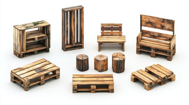 A hands-on workshop for making DIY upcycled products, such as furniture made from wooden pallets, isolated on a pure white background, realistic lighting and shadow, ideal for cut-out and compositing
