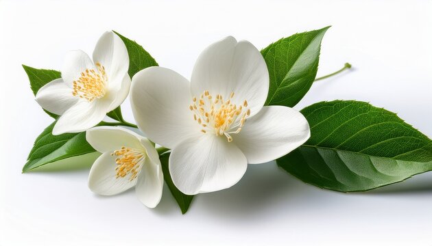 a delicate sprig of jasmine flowers with white petals and a pleasant fragrance isolated on a white background