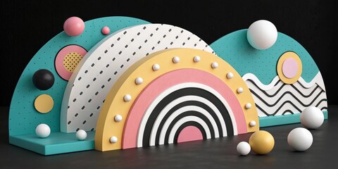 Colorful 3D Abstract Background with Playful Geometric Arches and Floating Spheres

