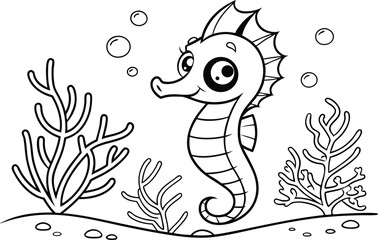 Fototapeta premium Cartoon Seahorse with Seaweed and Bubbles Outlined in Black on White
